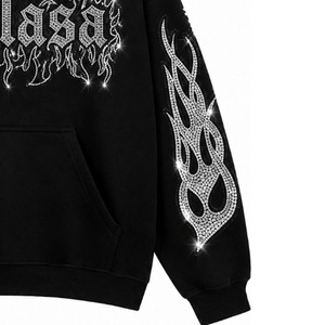 Sudadera con Capucha Negra Extra Grande para Hombre, con Letras Góticas de Llama con Pedrería, Estilo Hip Hop, 100% Algodón - Product Image 5