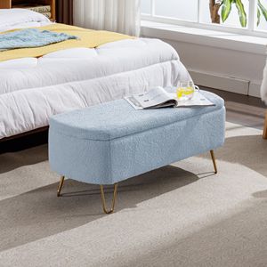 Modern Grey Faux Fur Entryway Bench Blue <b>Storage</b> Ottoman with Gold Legs for End of Bed Padded and Upholstered <b>Stool</b> & Ottoman - Product Image 1