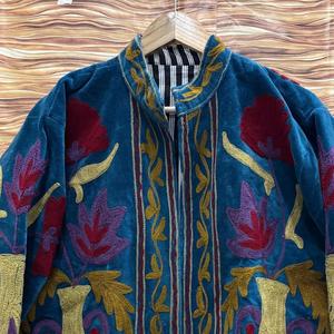 Chaqueta de Terciopelo Bordada para Mujer, Estilo Boho, Floral, Étnica, Abrigo Vintage Azul, Prenda Exterior - Product Image 2