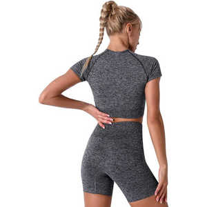 Ensemble de yoga pour femmes, haut court sans couture à taille haute et short, 2 pièces, vêtements de sport, col rond, dos nageur, gris uni - Product Image 2