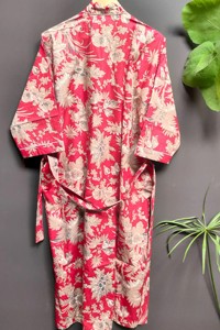 Robe kimono femme, florale, 100% coton, manches longues, col en V, ceinturée, vêtements de détente, vêtements de nuit, robe d'été, robe à motifs imprimés à la main - Product Image 4