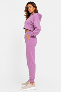 Conjunto Deportivo de Mujer, Sudadera Corta de Felpa de Algodón Grueso, Pantalones Jogger de Pierna Ancha, Corte Regular, 380g, Premium, Invierno, Color Sólido, Personalizable - Product Image 2