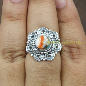 Natural Orange Spiny Oyster Turquoise <b>Ring</b> 925 Sterling <b>Silver</b> Handmade Boho Vintage <b>Statement</b> Flower <b>Ring</b> for Women Christmas - Product Image 3