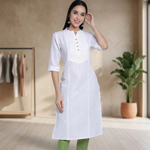 Robe midi en coton blanc à col mandarin, manches trois quarts, coupe ample, décontractée, pour tous les jours, respirante, couleur unie, ensemble 2 pièces - Product Image 3