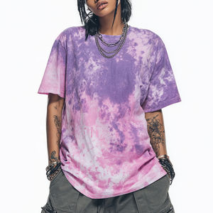 Camiseta Morada de Verano para Mujer, Estilo Urbano, Holgada, con Estampado Tie-Dye, Transpirable, de Algodón, Cuello Redondo, Hombros Caídos y Manga Media - Product Image 2
