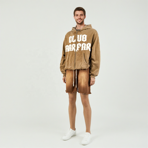 High Quality Acid <b>Wash</b> Two Piece Tracksuit for Men Embroider Streetwear Zip-up Hoodie & Short Stylish Raw Hem Distress Tracksuit - Product Image 4