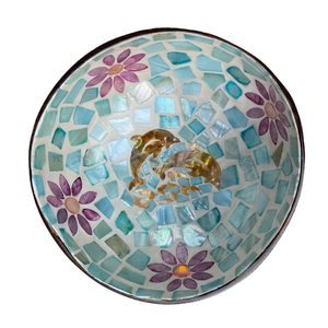 Cuenco de Coco Hecho a Mano con Incrustaciones de Madreperla, Mosaico Azul, Diseño de Flor Púrpura y Delfín, Cuenco de Concha Natural al por Mayor - Product Image 1