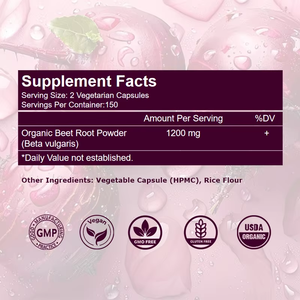 Capsules de racine de betterave biologique USDA OEM ODM, 100 unités, 1200 mg, poudre pure, soutien énergétique pour les performances sportives - Product Image 2