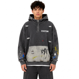 Sudadera con capucha de media cremallera para hombre, de moda, con lavado ácido color carbón, de forro polar grueso, con efecto desgastado y rotos, estampado por pulverización pintado a mano, cuello alto, estilo streetwear - Product Image 1