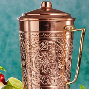 Jarra de agua de cobre Royal Mughal, metal martillado, ecológica, clásica, con tapa de acero, para café, té, tetera, metal - Product Image 1