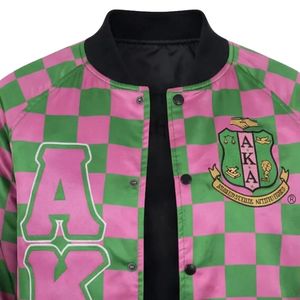 Women's Pink Green <b>Checkered</b> Bomber <b>Jacket</b> with Embroidery Printed Letters Graphic Varsity Design Breathable Casual Outerwear - Product Image 4