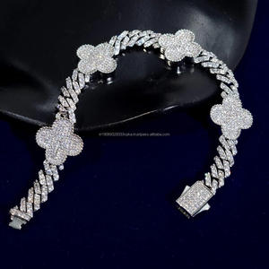 Pulsera Hip Hop de Plata de Ley 925 con Baño de Oro y Diamantes de Moissanita, Diseño de Trébol de Cuatro Hojas Floral, Regalo de Cumpleaños para Hombre - Product Image 1