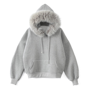 Gray Zip-Up Hooded Sweatshirt with Faux <b>Fur</b> <b>Trim</b> 100% Cotton Fleece Oversized Fit Anti-Pilling Casual Winter Men's Plain Dyed - Product Image 4