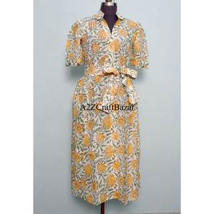 Robe en coton indien imprimée à la main pour femme – Confortable, douillette, style bohème, idéale pour l'été, légère, douce, coupe décontractée, avec décoration en dentelle - Product Image 1