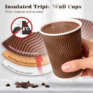 Paquete de 100 Vasos Desechables para Café de 12 oz, Aislados, Color Marrón, con Tapas, Pared Ondulada, para Café, Té y Chocolate para Llevar - Product Image 1