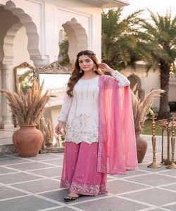DESIGNER GEORGETTE EMBROIDERY SEQUENCE WORK WITH PEARL MOTI HAND WORK TOP PALAZZO WITH DUPATTA 84890 BABY PINK pakistani salwar - Product Image 3