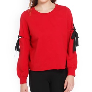 Knitted Women Sweatshirt Red Cut Out Sleeve Bow <b>Tie</b> Lace Up Crewneck Cropped Balloon Sleeve Ladies Pullover Cotton Fashion OEM - Product Image 1
