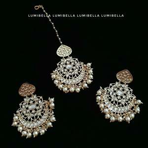 Bridal Kundan Style Chandbali Earrings with Maang Tikka Set in Gold Plated Zircon - Product Image 2
