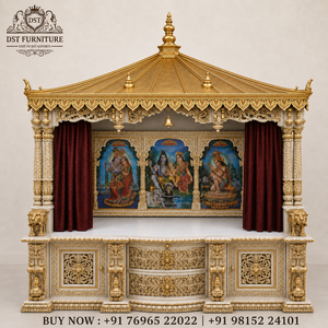 Golden Designer Teak Wood <b>Mandir</b> <b>Pooja</b> Ghar Traditional Antique Looking Handmade Home Furniture Customizable Size & Color USA - Product Image 5