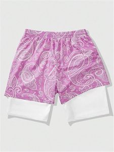 Men's Pink Paisley Print Mid Waist Casual Four-Way Stretch Drawstring Shorts Gothic Cross Logo Breathable Satin <b>Board</b> - Product Image 3