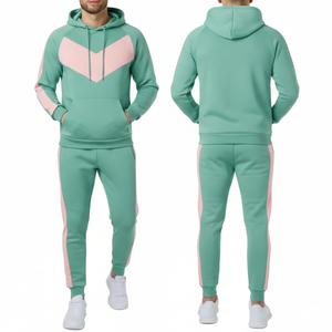 Trendy Mint Green <b>Mens</b> Tracksuit Pastel <b>Pink</b> Contrast Panel <b>Hoodie</b> and matching trouser Streetwear Sportswear Suit - Product Image 3