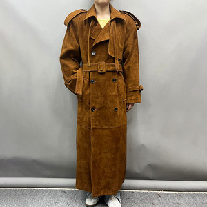 <b>Men's</b> Genuine <b>Suede</b> Long Trench Coat Turn-down Collar Belted Casual Autumn <b>Jacket</b> - Product Image 3