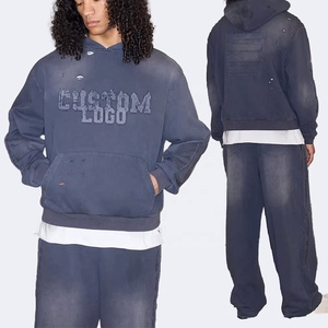 Ensemble de survêtement vintage personnalisé pour homme, comprenant un sweat à capuche zippé et un pantalon de jogging, avec effet délavé à l'acide et patchs en chenille appliqués - Product Image 2