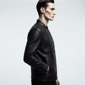 Veste de motard en cuir véritable noir pour homme Vanek International, col montant, fermeture éclair, motif géométrique embossé, coupe ajustée - Product Image 3