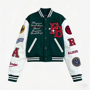 Women’s Cropped Bomber Varsity <b>Jacket</b> OEM <b>Leather</b> Sleeves with Custom Embroidery Logo, Baseball Style - Product Image 1