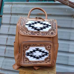 Genuine Leather <b>Backpack</b> With <b>Floral</b> Embossing Tan Color Bohemian Style Zipper Closure Daily Use Women's Bag - Product Image 1
