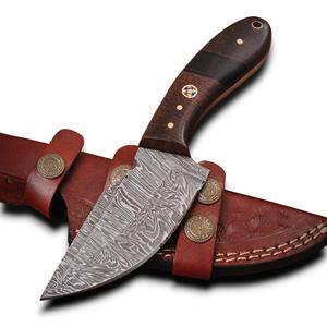 Cuchillo EDC Skinner de Acero de Damasco Personalizable al por Mayor con Hoja Fija de Espiga Completa, Mango de Hueso y Funda de Cuero para Camping al Aire Libre, OEM - Product Image 1