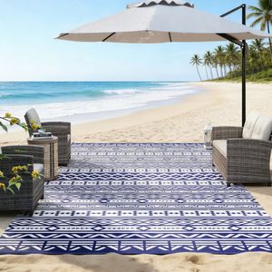 Tappeto Reversibile Verde per Esterni Antiscivolo, Geometrico Intrecciato per Patio e Spiaggia, Composto da Poliestere, Polipropilene, Paglia e Plastica - Product Image 1