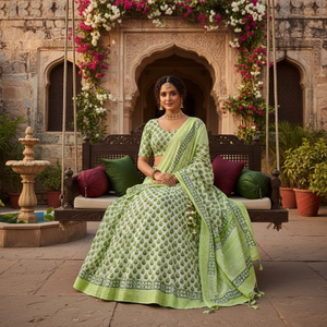 Conjunto de Traje Indio de Algodón Floral Blanco y Verde de Primera Calidad |   Salwar Kameez Punjabi Hecho a Mano con Estampado de Bloques |   Ropa Étnica Informal para Mujer - Product Image 2