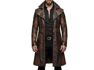 Men's Distressed Brown Leather Trench Coat Vintage <b>Gothic</b> Winter Overcoat - Product Image 1
