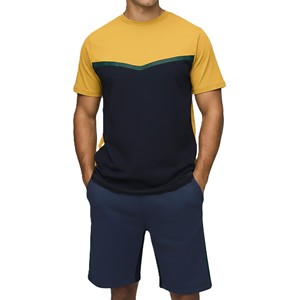 Ensemble de shorts 2 pièces jaune et bleu marine pour homme, t-shirt à manches courtes et shorts personnalisés avec logo, tenue décontractée d'été, streetwear - Product Image 3