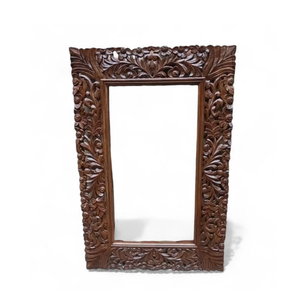 Handcrafted Mango Wood <b>Rectangular</b> <b>Mirror</b> Frame | Deep Floral & Vine Carved Detail | Freestanding Decorative Modern Home Accent - Product Image 2