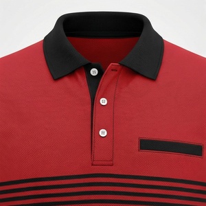Polo à manches longues pour homme, rouge et noir, à blocs de couleur, design rayé, style décontracté, tricoté, avec poche sur le devant - Product Image 4