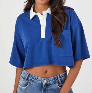 Camisetas Cortas Personalizadas para Mujer, de Color Sólido, Manga Corta, con Cuello Camisero, Top Informal de Punto para Verano - Product Image 1