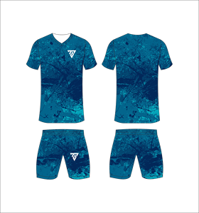 Custom Sublimated Men's Soccer Uniform Set Navy <b>Blue</b> Marble Print V-Neck Jersey Matching Shorts Moisture Wicking Athletic Fit - Product Image 1