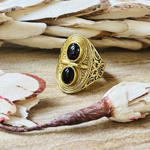Premium Look Gold Plated Brass Black Onyx & Garnet <b>Ring</b> Vintage Style Filigree Texture <b>Ring</b> <b>Statement</b> Handmade Wholesale <b>Ring</b> - Product Image 2