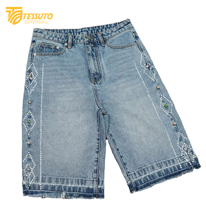 Short de jogging d'été personnalisé pour femmes Short de survêtement avec broderie en détresse Rhinestone droit français éponge coton lavé à l'acide Baggy français - Product Image 2