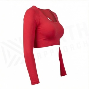 <b>Red</b> <b>Long</b> <b>Sleeve</b> <b>Crop</b> <b>Top</b> Scoop Neck Cut-Out Seamless Breathable Yoga Wear Women's Sportswear - Product Image 3