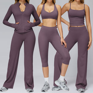 Ensemble de yoga 2 pièces vert olive, coupe évasée longue, taille haute, dos nageur, séchage rapide, sans couture, extensible, couleur unie, tricoté - Product Image 6