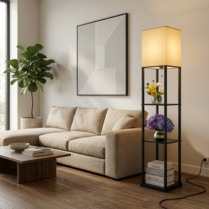 Minimalist Metal & Wood Floor <b>Lamp</b> with <b>Shelves</b> Geometric Pattern Shade Modern Style Standing Light Living Room Bedroom Office - Product Image 2