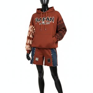 ชุดเซ็ตฮู้ดดี้แขนสั้นสำหรับผู้หญิง ผ้าฝ้ายฟลีซ 320 GSM สีน้ำตาลสนิม ลายมัดย้อม แขนเสื้อแบบต่อผ้าลายชนเผ่า  โลโก้เชนิลล์ ชุดเซ็ตสำหรับผู้หญิง - Product Image 1