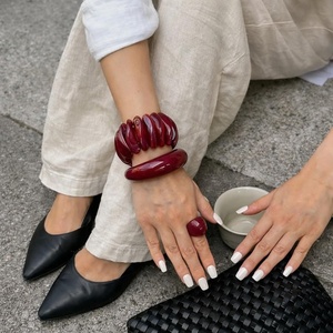 Handmade Burgundy Wine Resin Bangle Jewelry Set Resin Craft Chunky Elastic <b>Stretch</b> <b>Bracelet</b> Open Cuff Ring Women Wholesale - Product Image 2