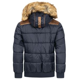 Men's Navy Blue <b>Hooded</b> Puffer <b>Jacket</b> With <b>Fur</b> Trim Windproof Casual Winter Coat Regular Fit Polyester Wadding - Product Image 3