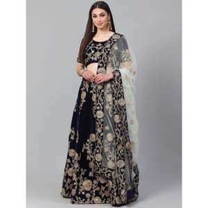 Belle couleur bleu marine Party Wear Designer brodé velours Lehenga Choli - Product Image 1