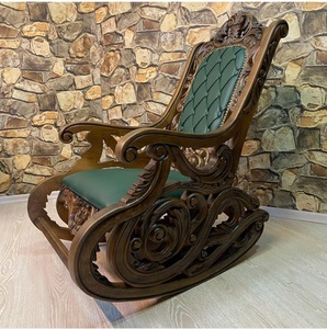 Fauteuil à bascule de luxe en teck massif sculpté, fauteuil inclinable vintage en cuir antique, ensemble de meubles de salon - Product Image 3