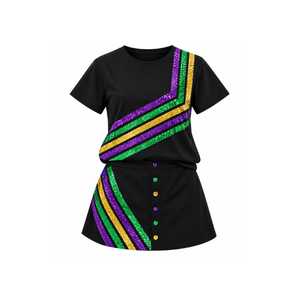 Mono de manga corta morado con lentejuelas para mujer, cintura alta, cuello vuelto, temática Mardi Gras, con bordado de lentejuelas - Product Image 3